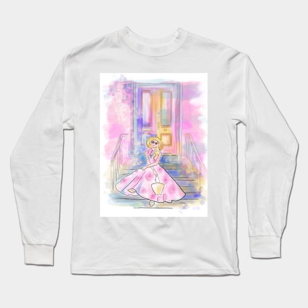 Fashion blogger girl in London pastel colours Long Sleeve T-Shirt by PG Illustration